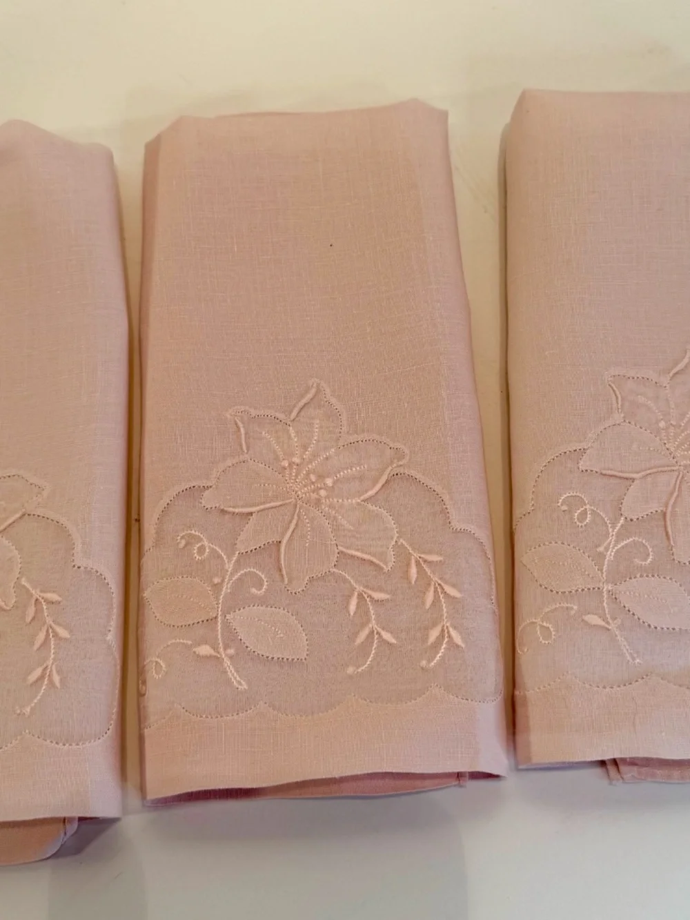 Three Vintage Pale Pale Pink Madeira Linen & Organza Fingertip Towels
